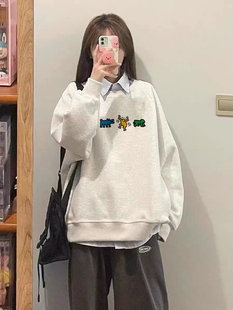 纯棉美式 宽松慵懒港味chic上衣 复古hiphop小个子圆领卫衣女春秋季