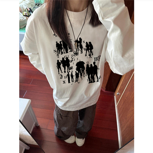 秋季 t恤女2025新款 高级感上衣 复古潮牌人物印花正肩长袖 纯棉美式