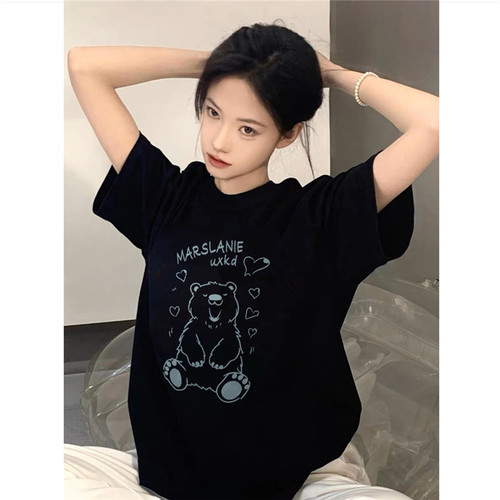 纯棉美式复古小熊短袖t恤女夏季