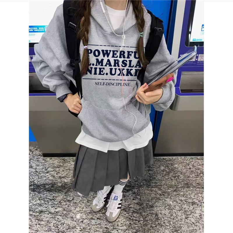 纯棉美式复古字母连帽卫衣女加绒