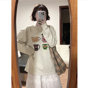 纯棉美式复古正肩长袖t恤女小众设计感宽松慵懒chic早秋内搭上衣