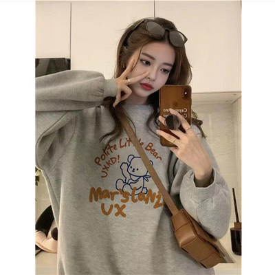 美式复古小熊加绒无帽圆领卫衣女