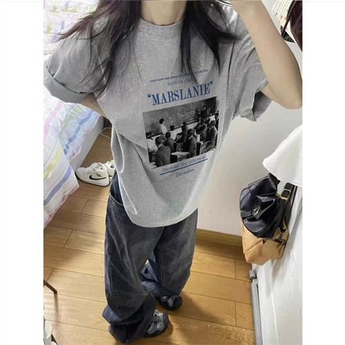 美式复古hiphop正肩短袖t恤女