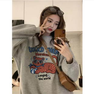 纯棉美式复古卡通无帽卫衣女款秋冬季慵懒oversize小众设计感上衣