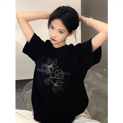 美式复古植物花卉正肩短袖t恤女