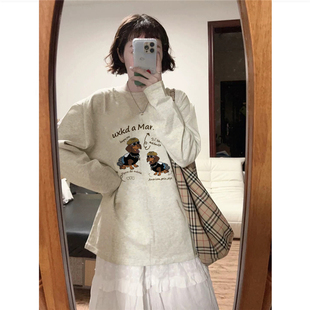 设计感小众宽松潮牌慵懒上衣 t恤女春秋薄款 纯棉美式 复古正肩长袖