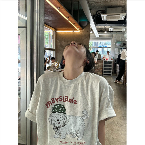 美式复古趣味小狗短袖t恤女夏季