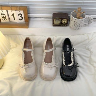 法式方跟小皮鞋春夏新款一字扣乐福鞋女单鞋蝴蝶结一脚蹬配裙子