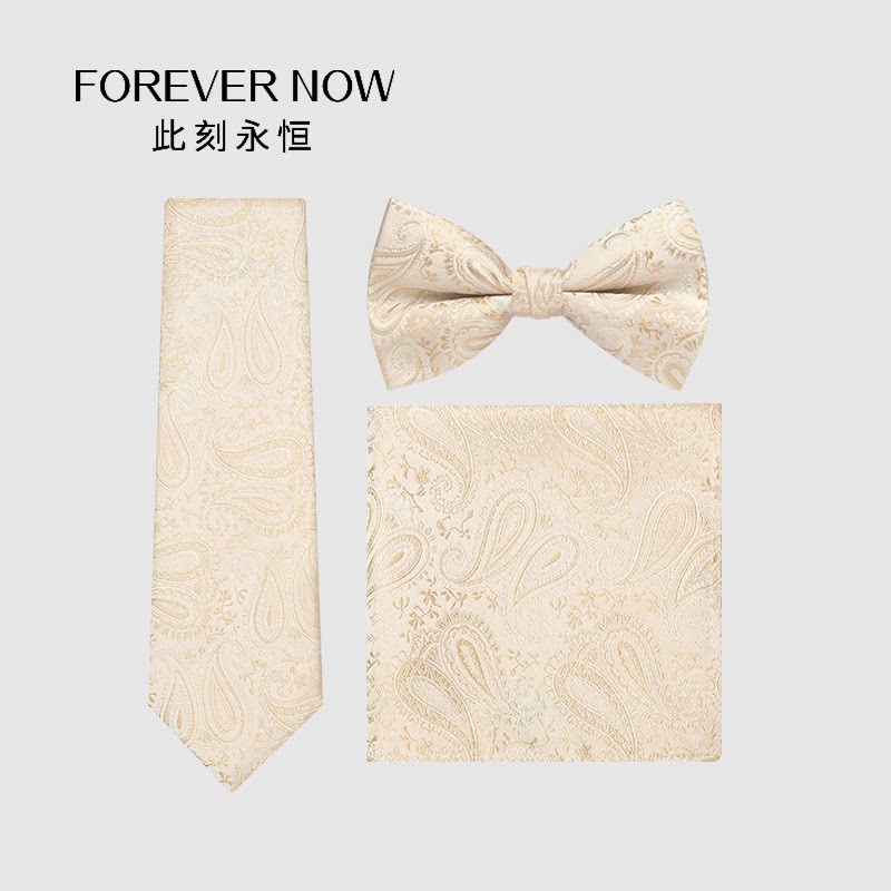 男士结婚领带韩版正装商务新郎香槟色佩斯利花纹手打领带领结套装