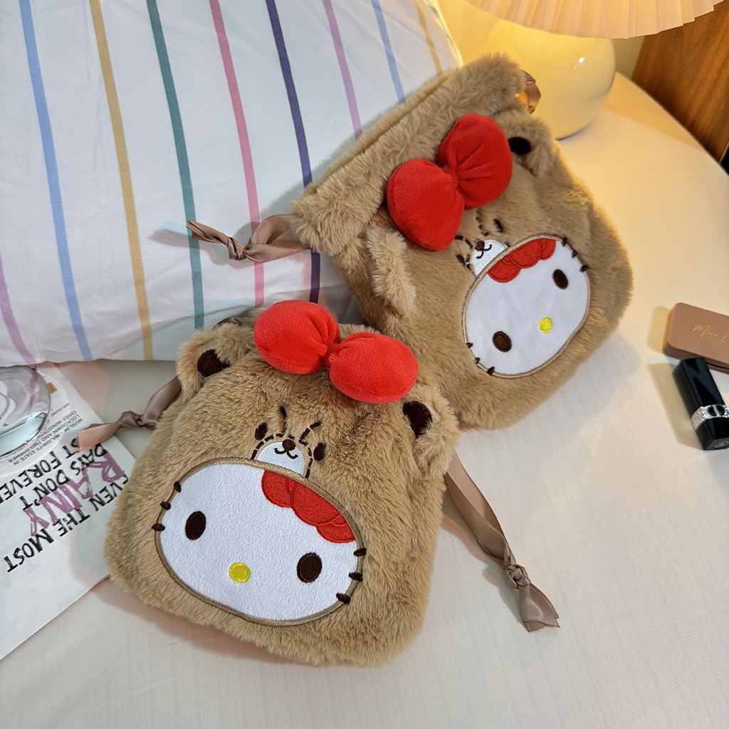 可爱卡通kt猫咪毛绒束口袋便携收纳袋大容量抽绳收纳包杂物小包包