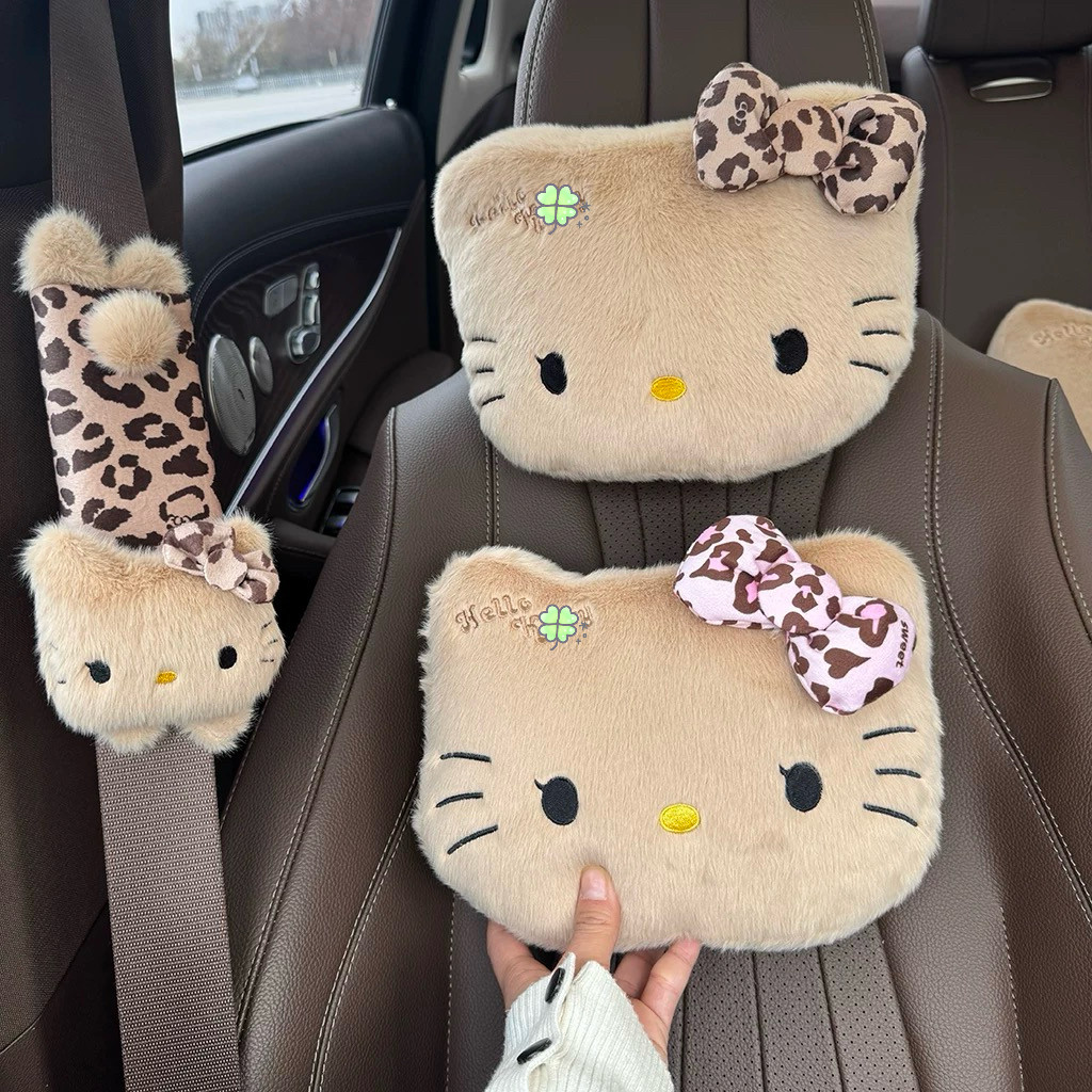 可爱豹纹猫咪毛绒汽车头枕车用枕头车内靠枕驾驶护颈枕座椅腰靠