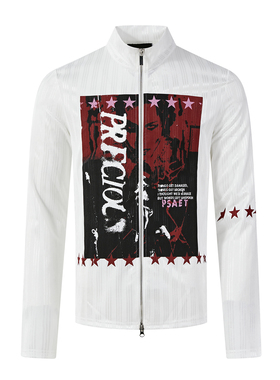 PASET原创复古街头人像印花拉链衬衫男长袖立领潮牌白色休闲上衣