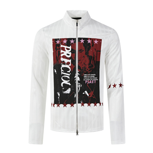 PASET原创复古街头人像印花拉链衬衫 立领潮牌白色休闲上衣 男长袖