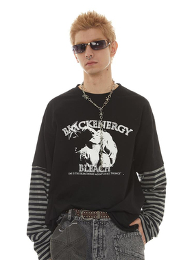 张桂源同款PASET美式复古拥抱印花假两件休闲长袖T恤男春新款宽松