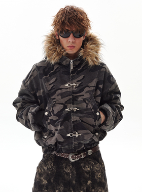 PASET重磅复古幽灵迷彩外套座山雕加厚保暖帆布飞机扣毛领夹克冬