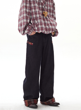 PASET复古格子蓝色丹宁牛仔裤设计感大口袋弯刀拼接卷边阔腿长裤