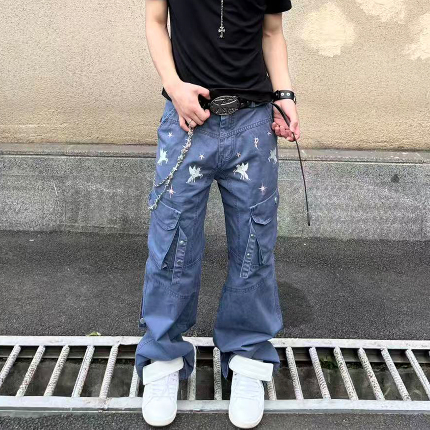 PASET日月独角兽刺绣绑带发蓝工装裤复古水洗宽松微喇哥特休闲裤