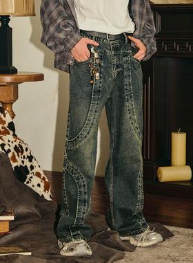 张桂源同款PASET美式解构设计复古宽松牛仔裤男女街头潮流长裤