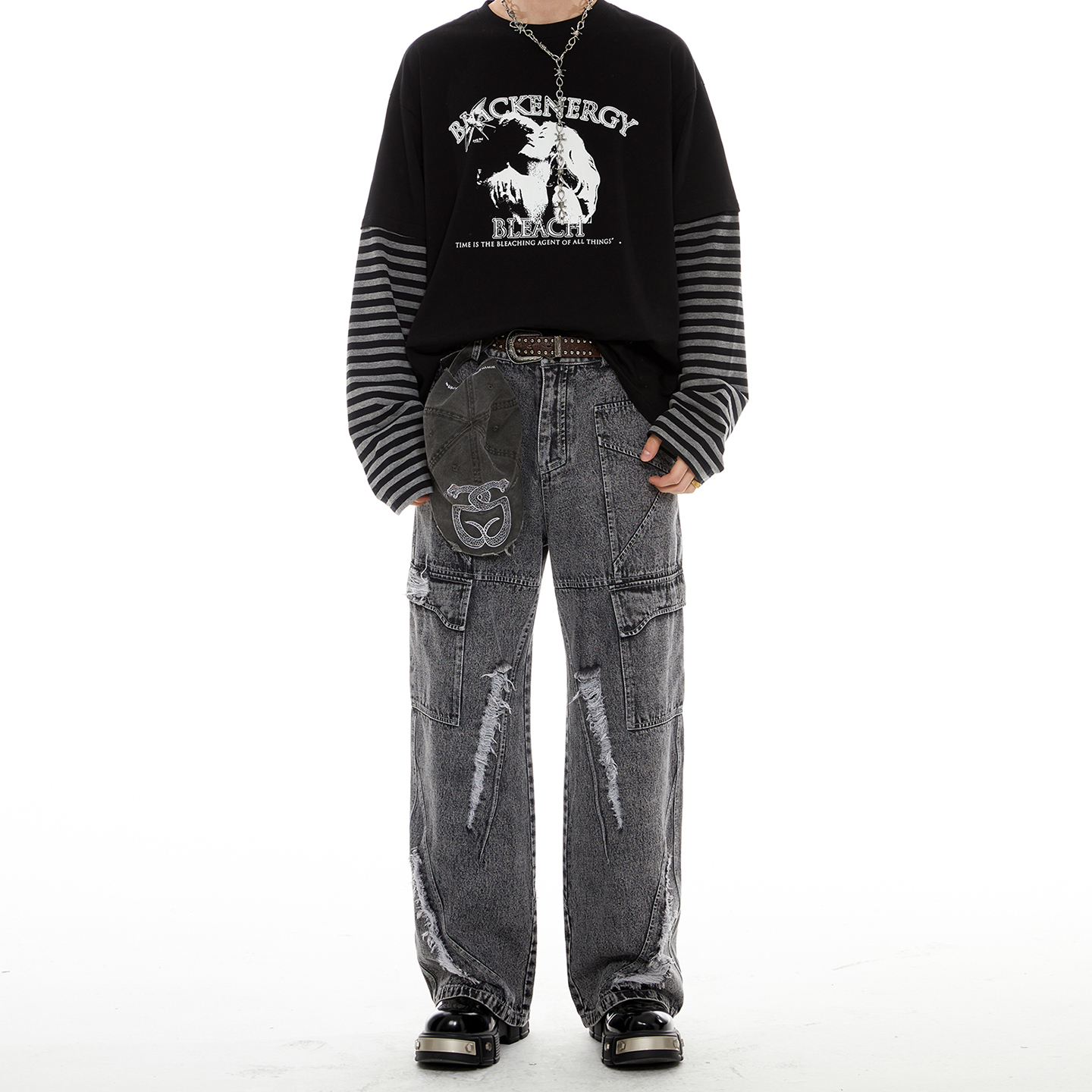 张桂源同款/PASET美式复古拼接破洞牛仔裤男女小众宽松直筒休闲裤