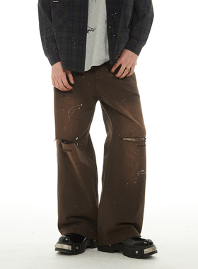 陈浚铭同款】PASET美式水洗做旧刀割破洞脏感复古宽松阔腿休闲裤