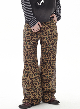 PASET复古美式卡其印花牛仔裤巴恩风宽松直筒男女裤子设计感长裤