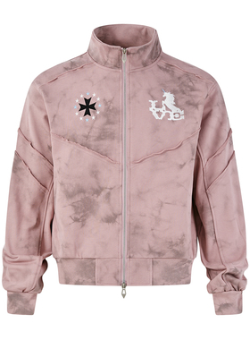 PASET粉色刺绣拉链做旧复古脏感卫衣外套春秋立领哥特短款夹克