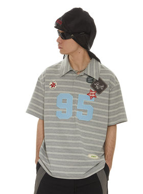 魏子宸同款PASET美式复古条纹polo领短袖男女针织宽松短袖刺绣T恤