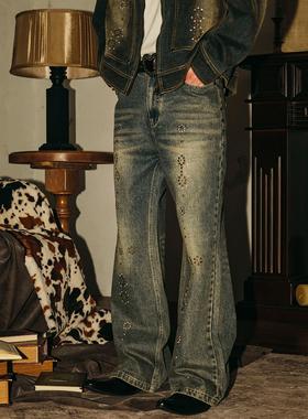 张桂源同款PASET美式高街复古烫钻微喇牛仔裤显瘦水洗宽松长裤子