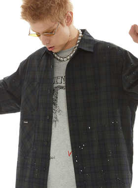 PASET经典复古小格纹泼墨衬衫男春季新款宽松直筒长袖上衣衬衣