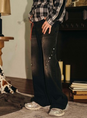 王橹杰同款PASET美式复古微喇铆钉牛仔裤男女宽松设计感黑色长裤