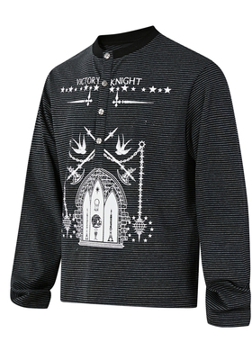 PASET窗棂条纹哥特复古亨利领印花假两件长袖T恤卫衣亚比男女上衣