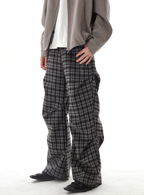 PASET美式复古格纹休闲裤男折叠黑灰格子立体褶皱宽松直筒休闲裤