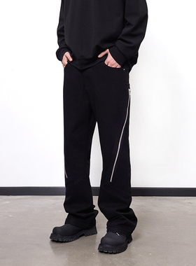 PASET小众设计拉链分割高街黑色裤子男士2025春季切割休闲直筒裤