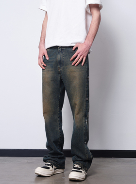 PASEY美式街头四芒星串标微喇牛仔裤男宽松直筒做旧黄泥vibe裤子