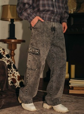 PASET美式复古灰色水洗做旧牛仔裤男宽松直筒工装口袋休闲长裤子