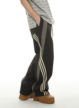 PASALIENS&PASET美式复古三道杠条纹运动薄款宽松休闲裤男女速干