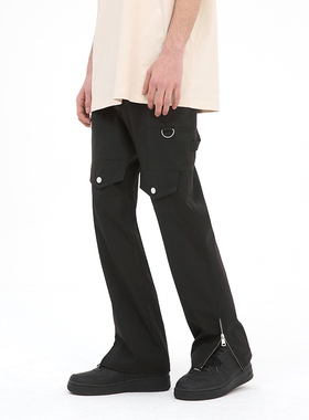 PASET美式高街下脚拉链设计裤子男宽松直筒春秋黑色长裤子冲锋裤