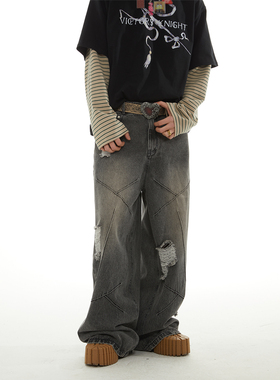 王橹杰同款PASET美式复古破洞水洗宽松小众结构设计阔腿牛仔裤男