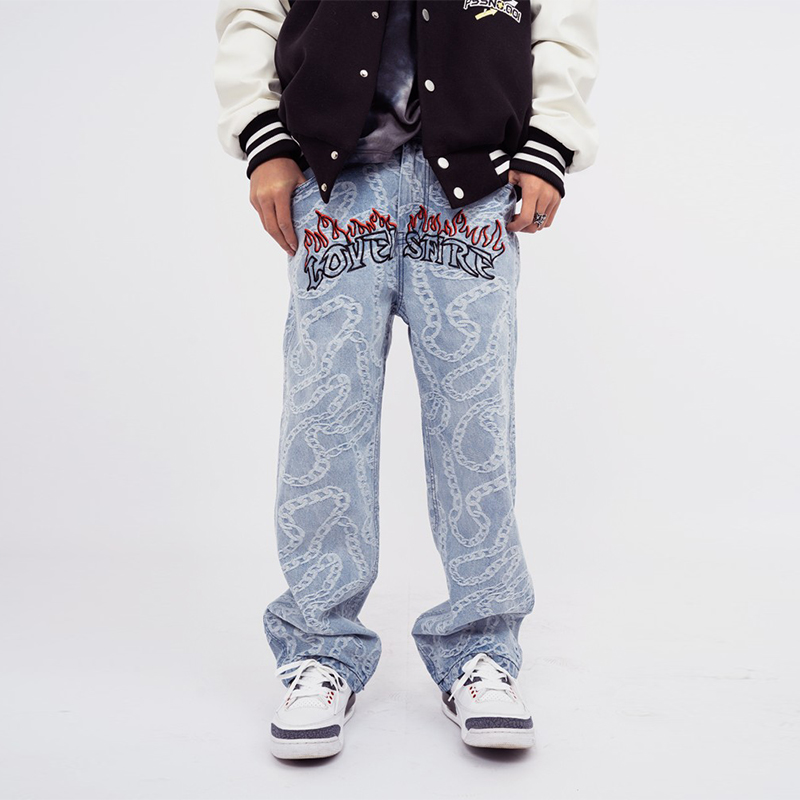 街头刺绣美式嘻哈直筒复古牛仔裤