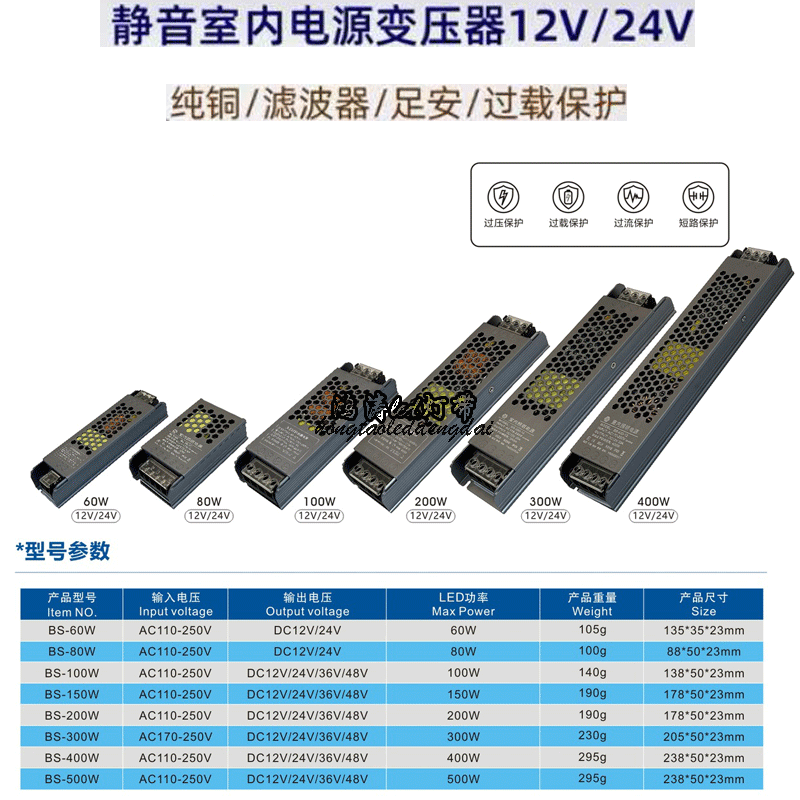 LED24v电源变压器静音12v灯箱橱柜灯槽线条灯长条灯直流适配电源