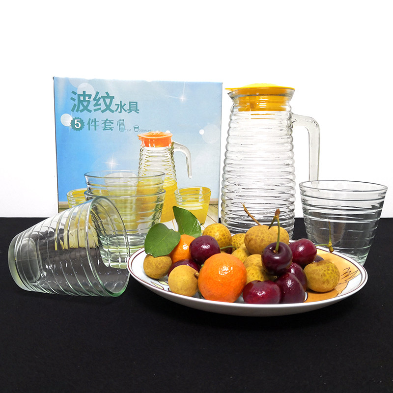 厂家直销 波纹水具五件套 家用玻璃冷水壶横纹水具 促销活动礼品