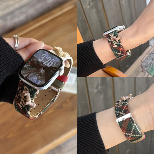 适用苹果手表毛呢拼接皮质表带红