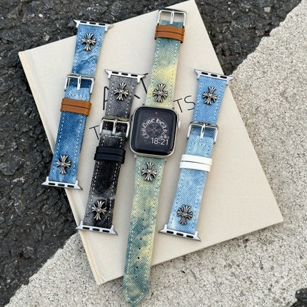 适用苹果手表s11表带iwatchs10女款9牛仔布克罗心皮质applewatch8