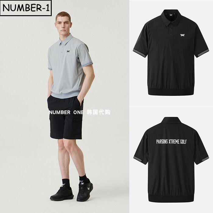 韩国代购pxg高尔夫球服26年男夏季拼色徽标条纹半纽扣翻领短袖T恤