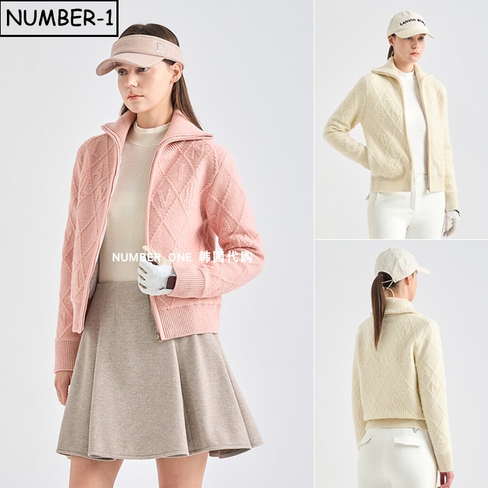 韩国代购高尔夫球服25年女冬纯色徽标口袋高领长袖羊毛针织夹克衫