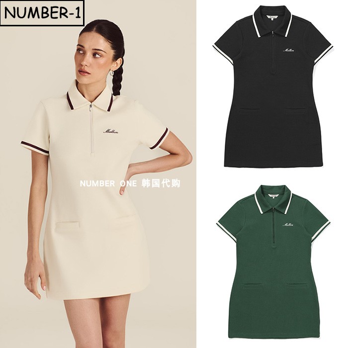 韩国代购malbon高尔夫球服25年女秋徽标口袋半拉链翻领短袖连衣裙