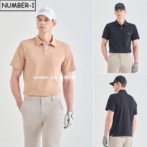 韩国代购高尔夫球服26年男夏纯色徽标刺绣贴袋半纽扣翻领短袖T恤