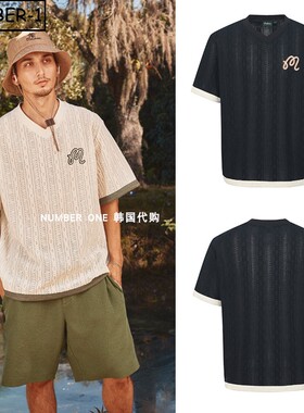 韩国代购malbon高尔夫球服26年男女夏拼色徽标符号V领短袖T恤上衣