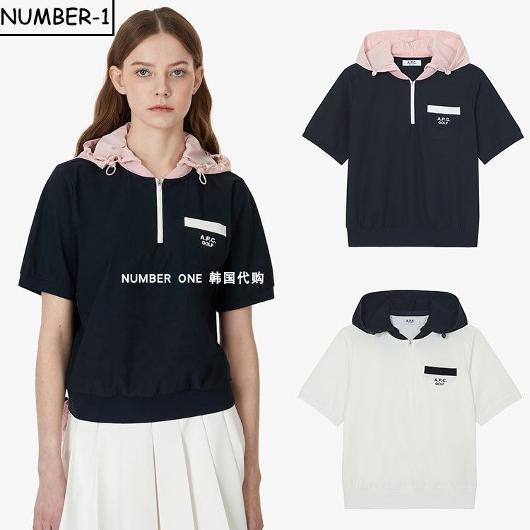韩国代购APC高尔夫球服25年女夏透气亲肤户外运动连帽半袖T恤上衣