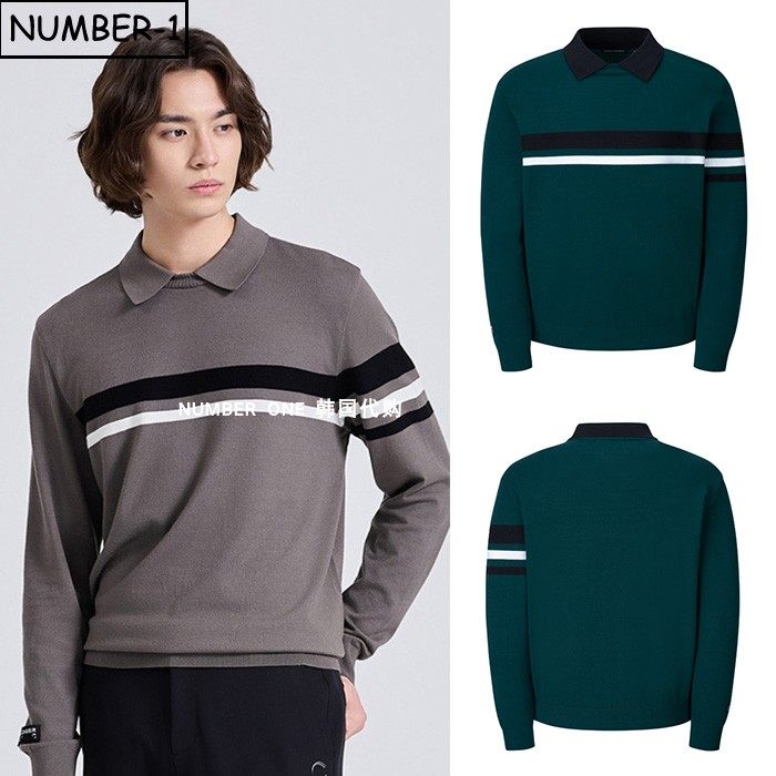 韩国代购challenger高尔夫球服25年男秋冬徽标条纹翻领长袖针织衫